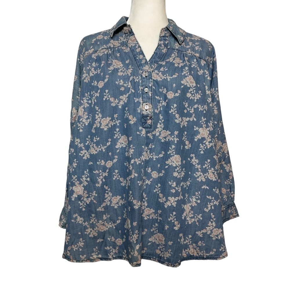 Cato Chambray Floral Denim Pullover Tunic Blouse Blue Pink 18/20W